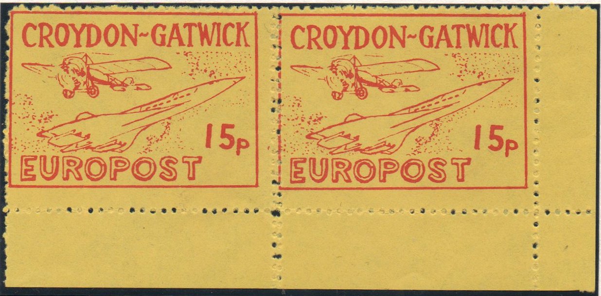 Croydon Gatwick Strike Post Stamps 1971 15p Concorde design, First Printing horizontal pair, double vertical perf